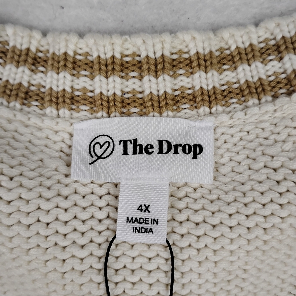 NWT The Drop Chunky Knit V- Neck Sweater In Cream With Tan Stripe Accents 4X - Picture 5 of 7
